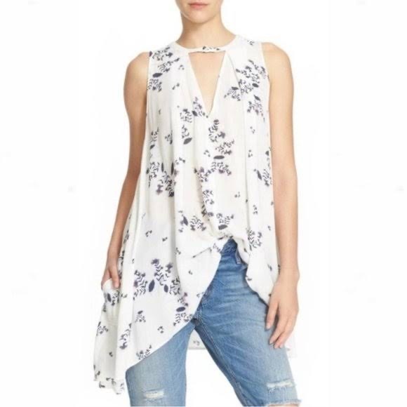 Free People Swing white Blue Floral Tunic Tank Size Small - Picture 2 of 9